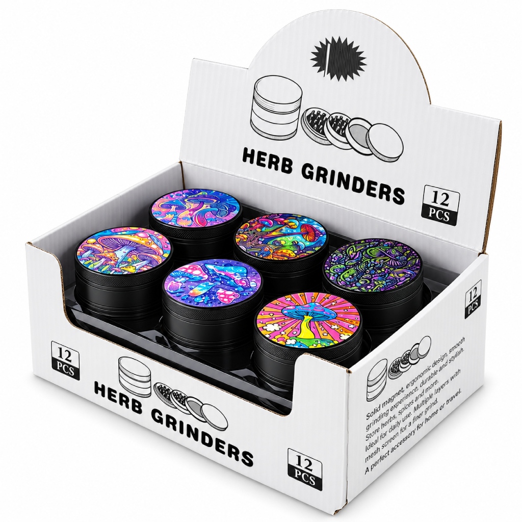 K60 - 2" 4 Parts Aluminum Mushroom Design Grinders (12ct) (Unit Cost $3.99)